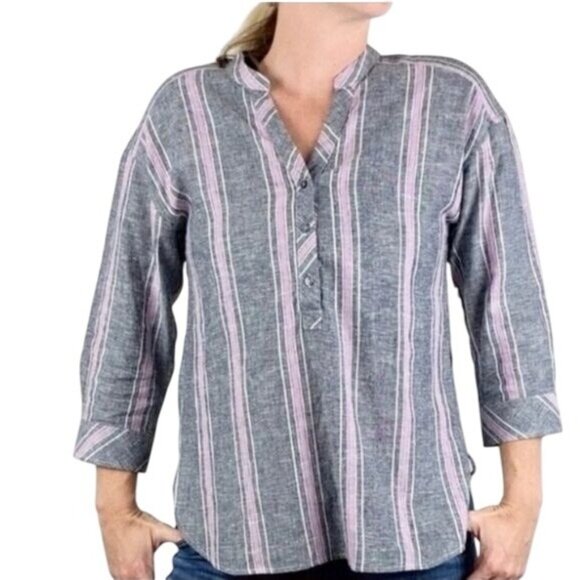 Laundry by shelli segal Linen Blouse Womens Small Blue Striped 3/4 Sleeve Top - Picture 1 of 11